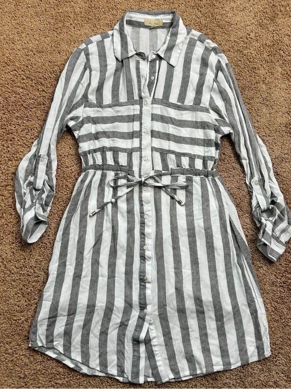 Love Notes Button Up Stripe Shirt Dress Roll-tab Sleeve Medium Flirty Feminine